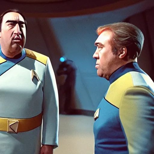 Image similar to a fat nic cage playing captain kirk in star trek, hd digital photography, movie still