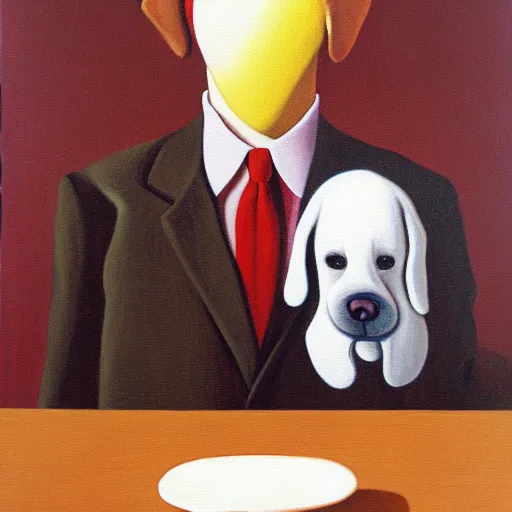 Prompt: dog in suit oil painting magritte