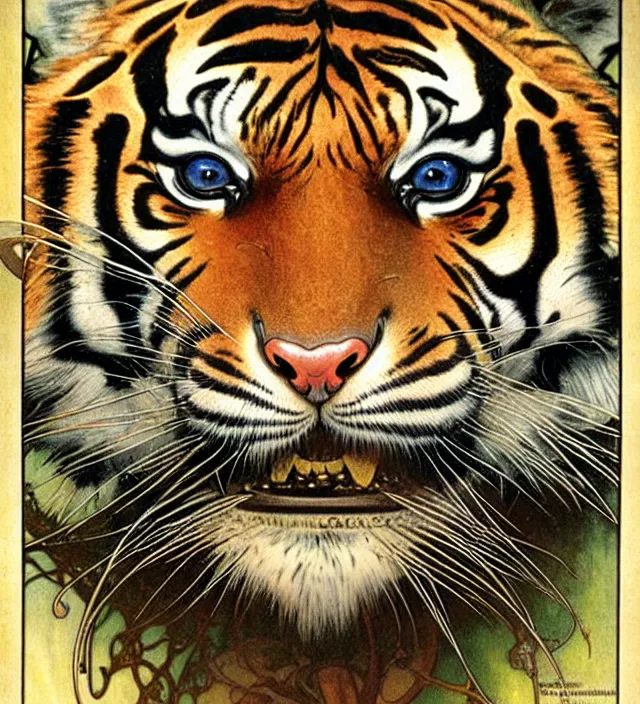 Prompt: realistic detailed face of a tiger by alphonse mucha, ayami kojima, amano, greg hildebrandt, mark brooks, and ernst haeckel, golden ratio, art nouveau, neo - gothic, gothic, neoclassical,
