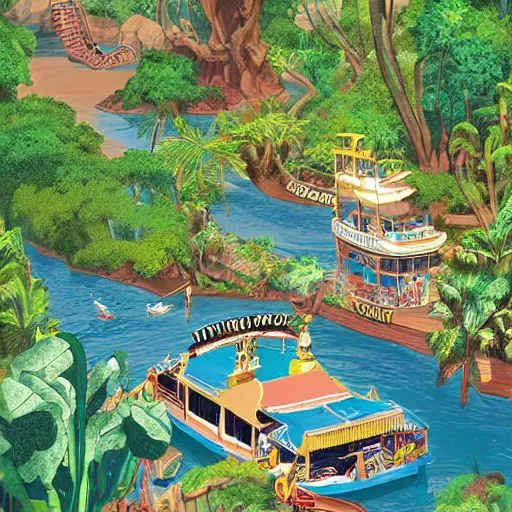 Prompt: aerial view of the jungle cruise riverboat in a river in adventureland disneyland, poster art, concept art, colorful, 2 d, flat style, nautical navigation map