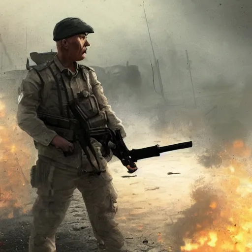 Prompt: A modern British PMC in gray uniform smoking a cigarette surrounded by destroyed enemy vehicles, by Feng Zhu, highly detailed, excellent composition, 2022, war photography, cinematic concept art, dramatic lighting, trending on ArtStation