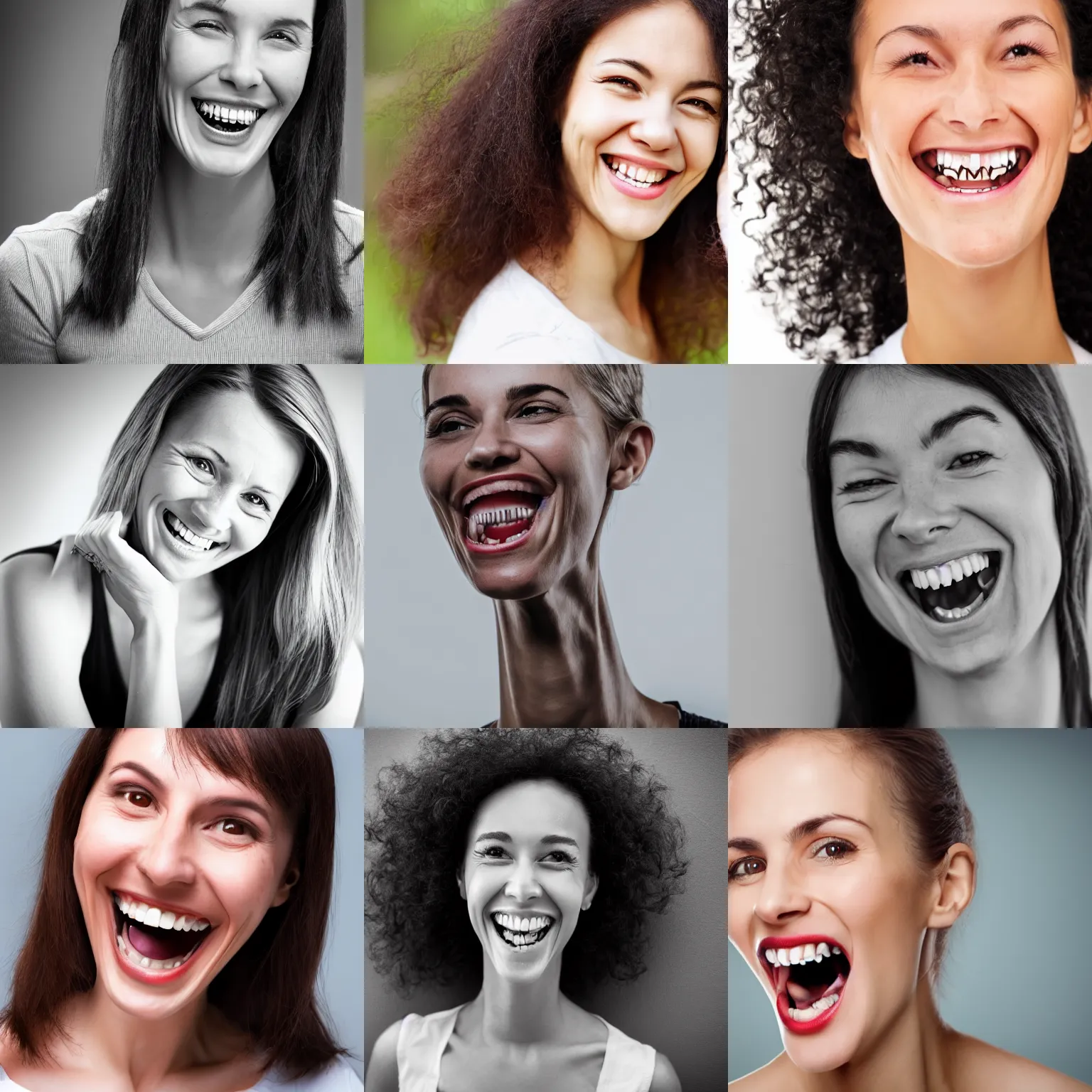 Prompt: a normal smiling woman with very long neck and sharp teeth smiling, scary, 50mm