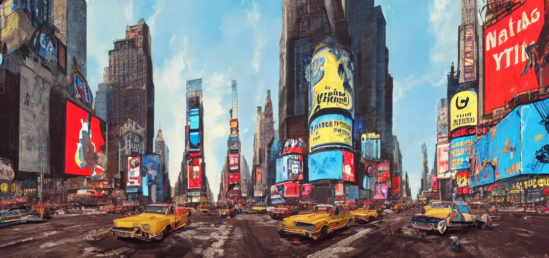 Prompt: Fallout New York Times Square, matt painting, vibrant colors, 8k photorealistic, HD, high details, trending on artstation