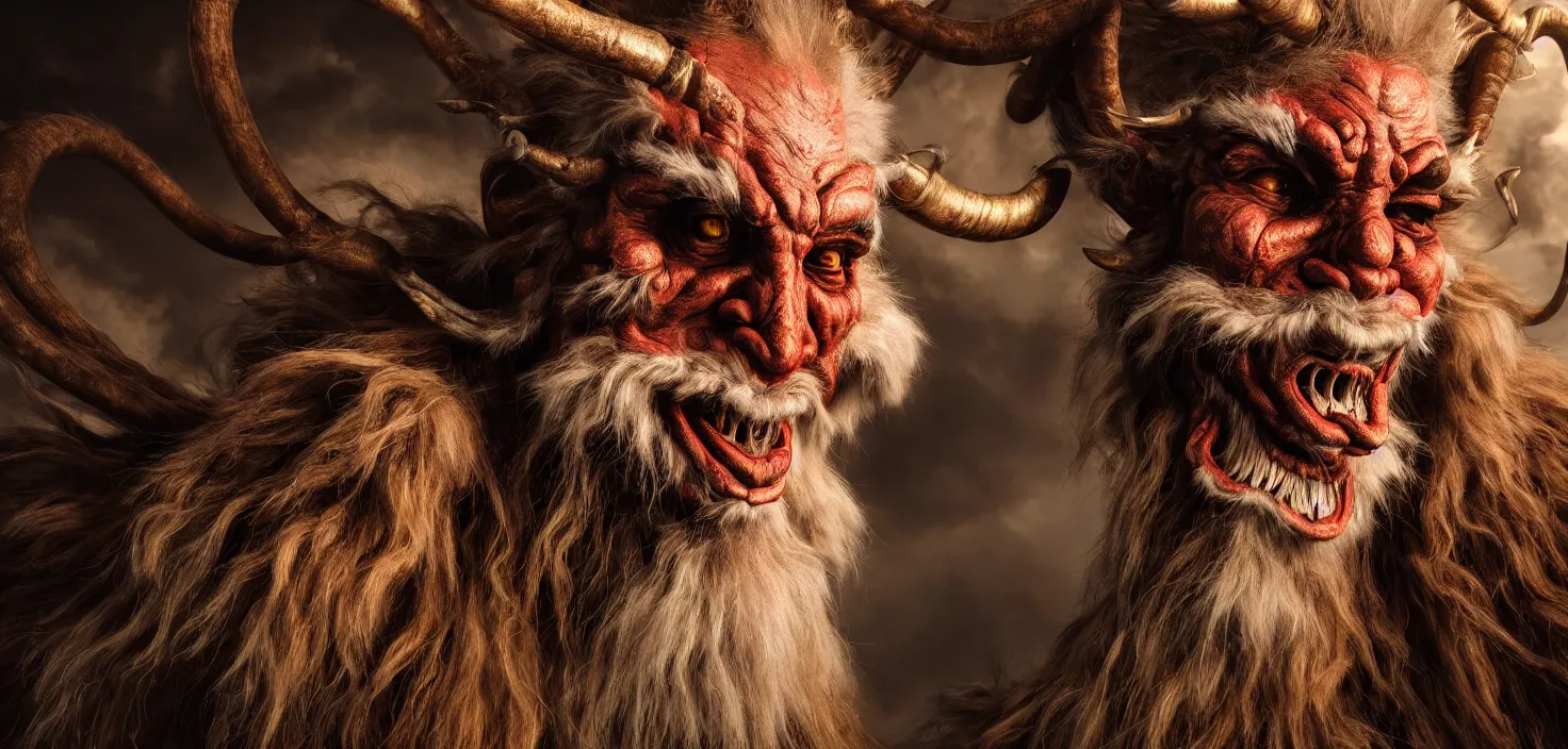 Prompt: hyperrealist highly detailed neo-baroque photography portrait of krampus standing in dolomites concept art pascal blanche dramatic studio lighting 8k wide angle shallow depth of field