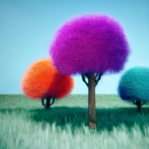 Prompt: Colorful fluffy trees made of fur in a field, octane render, volumetric lighting