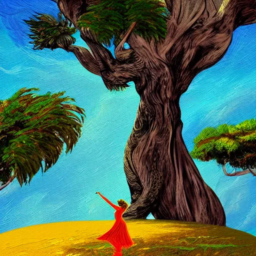 Image similar to illustration of a woman dancing near an old strong tall green persian cypress tree in wind, digital painting, artist farshchian