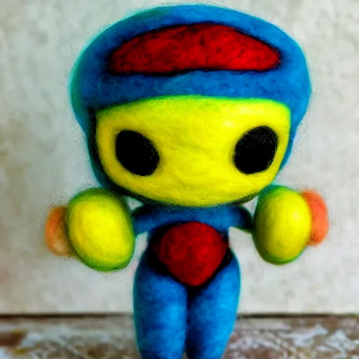 Image similar to a needle felted chibi zero suit samus, needle felting art.