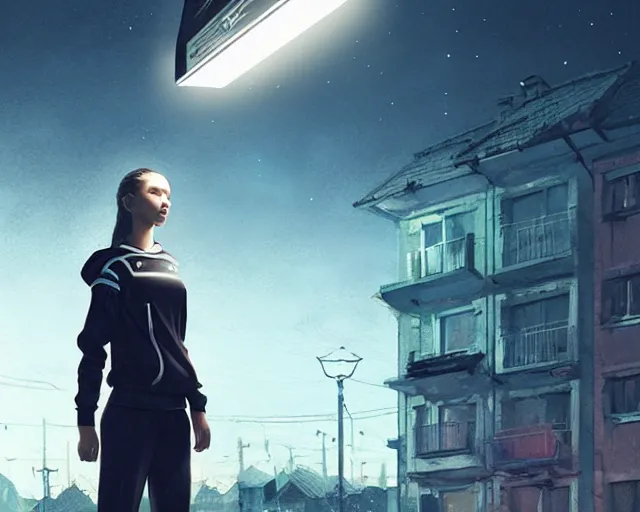 Image similar to portrait of attractive slav heroine wearing an addidas tracksuit. illuminated street lights, slav apartments in backround, by greg rutkowski and wlop, detailed, cinematic, 8 k, intricate, rule of thirds.