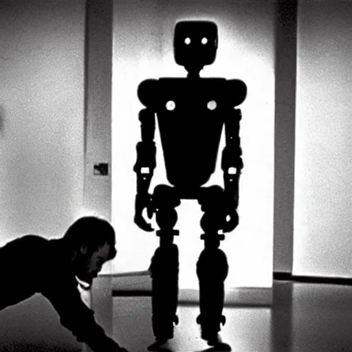 Image similar to a man and a robot in a moment of jealousy, movie still, cinematic lighting, Movie by Andrzej Zulawski and David Lynch