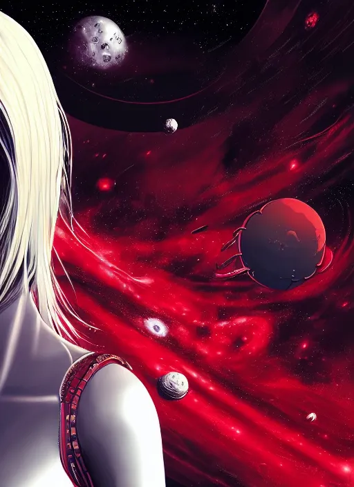 Prompt: highly detailed portrait of a hopeful pretty astronaut lady with a wavy blonde hair, by Glenn Fabry , 4k resolution, nier:automata inspired, bravely default inspired, vibrant but dreary but upflifting red, black and white color scheme!!! ((Space nebula background))