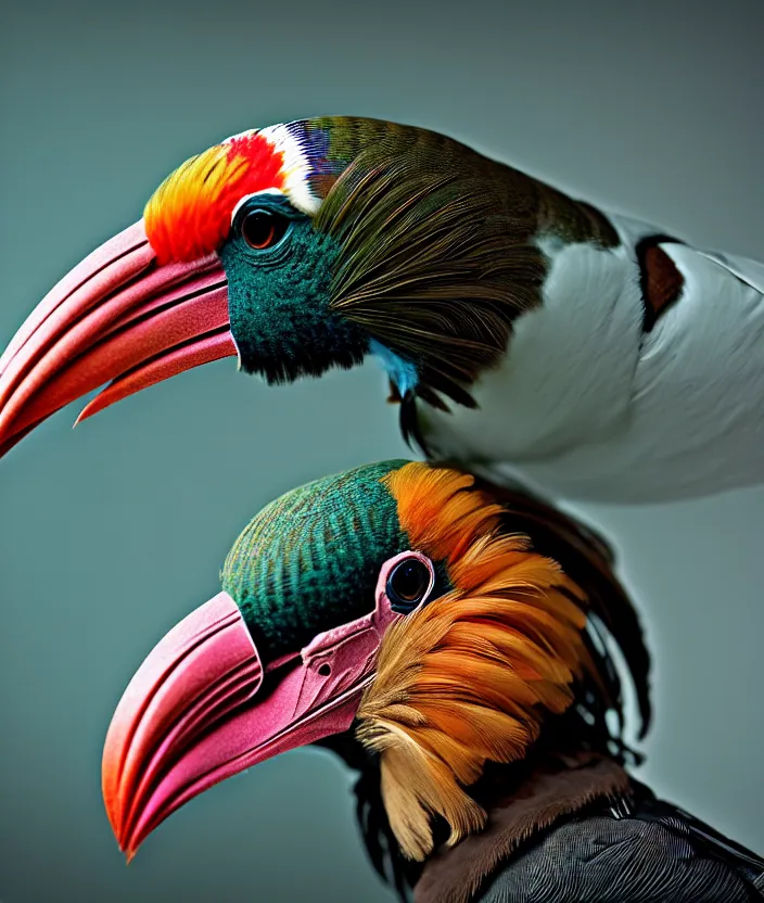 Image similar to a high resolution realistic photo portrait of a birdlike creature made of birds merged, bower bird creature wrinkles pheasant, complex feathers exotic morphing hoopoe, morphing wings king vulture head