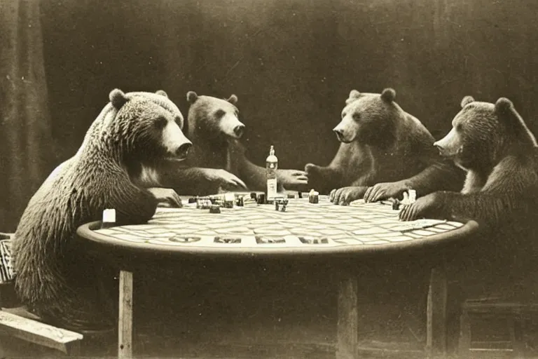 Prompt: “grizzly bears playing poker, 1900’s photo”