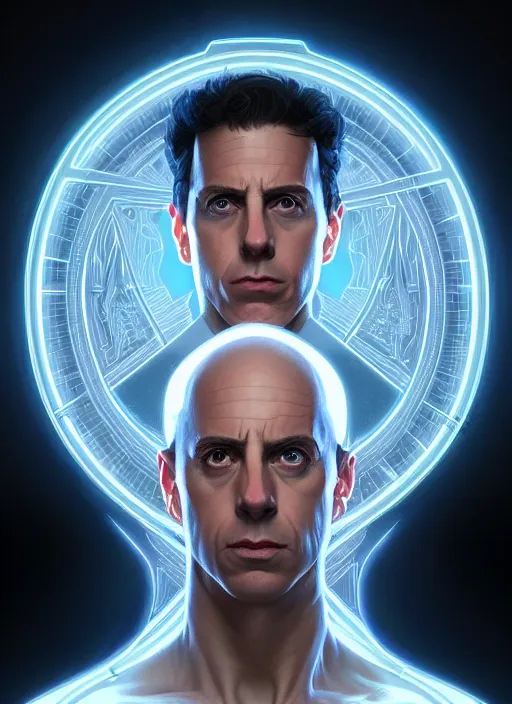 Image similar to symmetry!! portrait of jerry from seinfeld beyond, sci - fi, tech wear, global illumination!! intricate, elegant, highly detailed, digital painting, artstation, concept art, smooth, sharp focus, illustration, art by artgerm and greg rutkowski and alphonse mucha