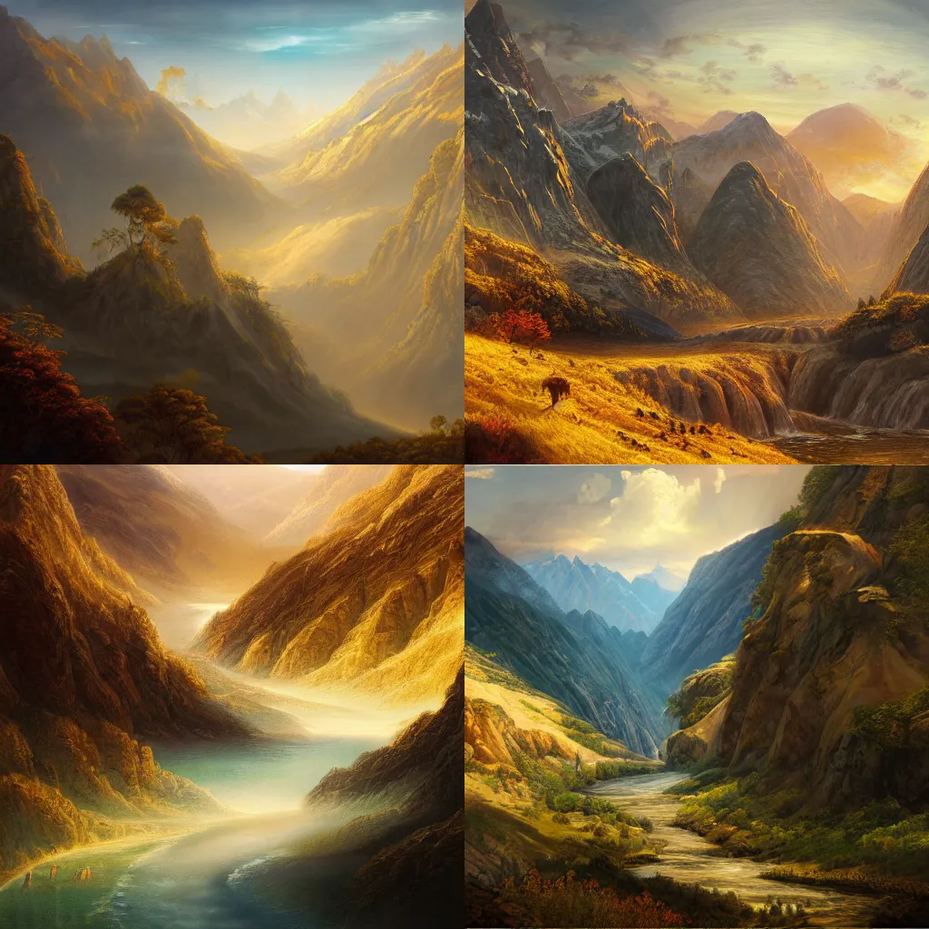 Prompt: illustration of a golden valley between epic mountains, realistic painting, classical painting, high definition, digital art, matte painting, very detailed, realistic