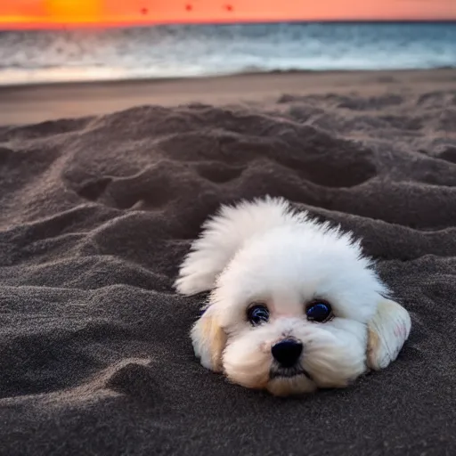 Image similar to a closeup photorealistic photograph of a cute smiling tiger bichon puppy laying out at the beach during sunset. professional capture, well lit shot. this 4 k hd image is trending on artstation, featured on behance, well - rendered, extra crisp, features intricate detail, epic composition and the style of unreal engine.