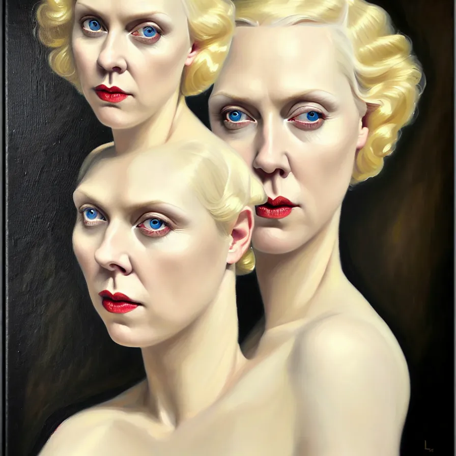 Image similar to exquisite oil painting on canvas of gwendoline christie portraying lucifer, woman's portrait, gorgeous face, goldilocks, porcelain looking skin, intense gaze golden eyes, unique and intricate painting, stunning ivory dress, elegant, majestic, 4 k, ultra high quality, canon, hyperrealist, by annie leibovitz