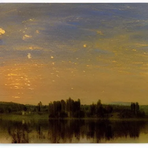 Prompt: a landscape of a lake and trees, by Isaac Levitan, J.M.W Turner, scenic, dusk, high textures, reflections, atmospheric, blue water, dramatic