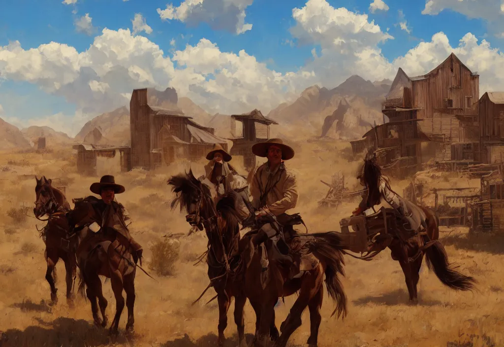 Prompt: greg manchess painting of a wild west abandoned town landscape with no person nor horse in the painting only buildings in the year 1 8 5 0, nobody living there, painting, trending on artstation, by huang guangjian and gil elvgren and sachin teng