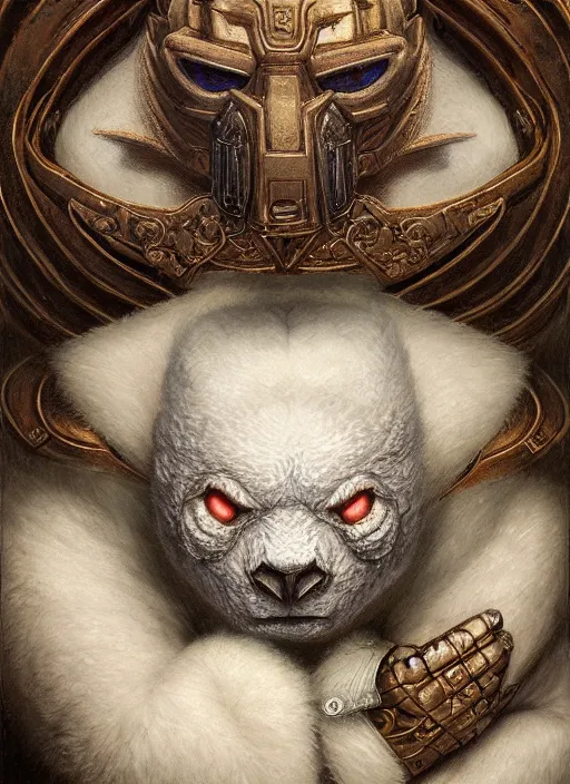 Image similar to pand bear mf doom reptile eyes, white furry skin. intricate, elegant, highly detailed, centered, digital painting, artstation, concept art, smooth, sharp focus, illustration, artgerm, tomasz alen kopera, peter mohrbacher, donato giancola, joseph christian leyendecker, wlop, frank frazetta