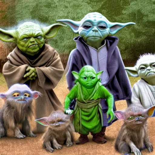 Image similar to Yoda surrounded by other members of his species