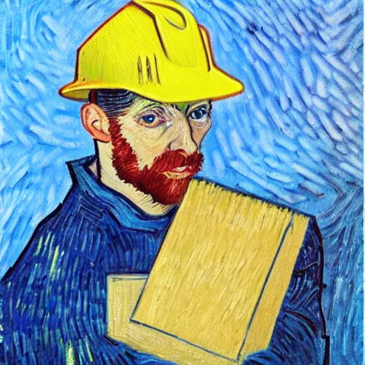 Prompt: oil painting of a man with construction hat holding a package in warehouse in the style of vincent van gogh