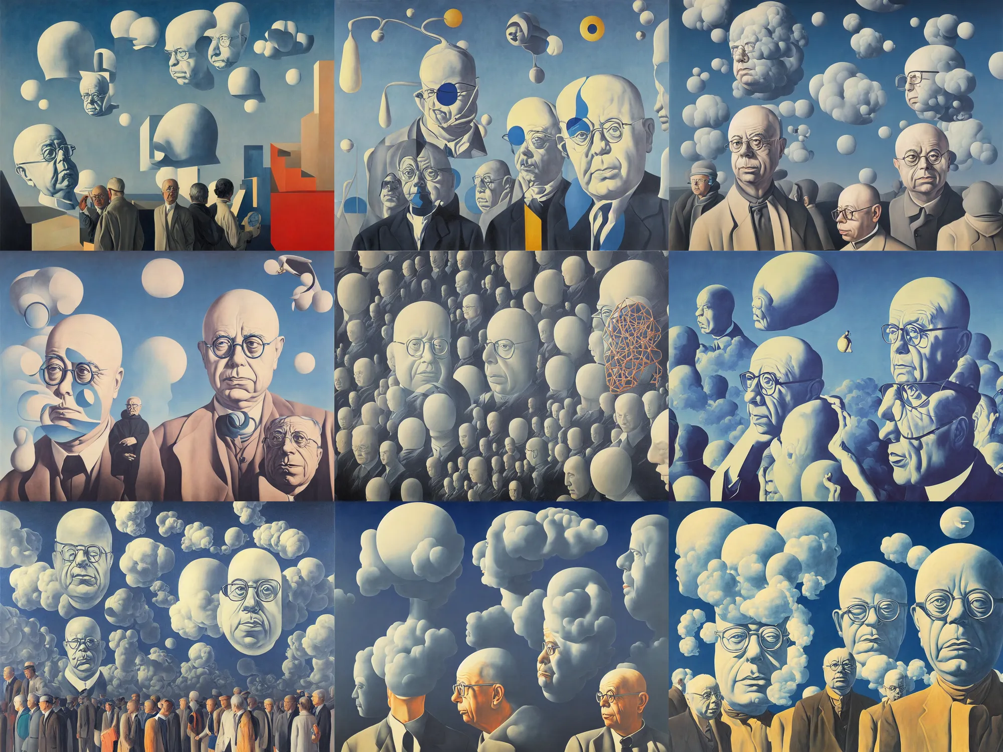 Image similar to the giant head of stanislaw lem is hovering above the futurological congress, painted by james jean and rene magritte