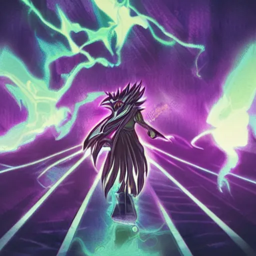 Prompt: yugioh cards on floor, dark room, fog atmosphere, god rays,dramatic lighting, detailed