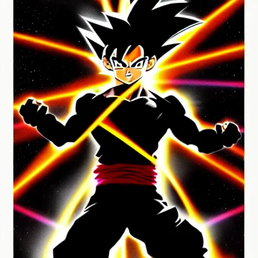 Image similar to goku black silhouette poster with sun background, simple style, character art, sharp focus, highly detailed, artstation