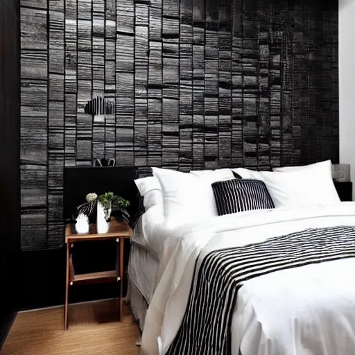 Image similar to bedroom, interior design, stylish luxury hotel bedroom design, black vertical slatted timber, !stone, textures, feminine, black walls, art, vase with flowers, Japanese and Scandinavian influences