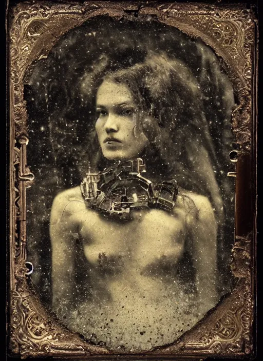 Prompt: old wetplate daguerreotype portrait of the birth of a super villain, explosion of data fragments, fractal, intricate, elegant, highly detailed, parallax, leica, medium format, subsurface scattering, by jheronimus bosch and greg rutkowski and louis jacques mande daguerre