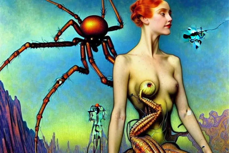 Prompt: realistic extremely detailed portrait painting of a fully dressed woman with a giant spider, futuristic sci-fi landscape on background by Jean Delville, Amano, Yves Tanguy, Alphonse Mucha, Ernst Haeckel, Edward Robert Hughes, Roger Dean, rich moody colours, blue eyes