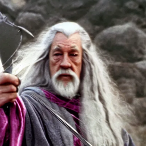 Image similar to portrait of gandalf, wearing a large pink velvet hair bow, holding a blank playing card up to the camera, movie still from the lord of the rings