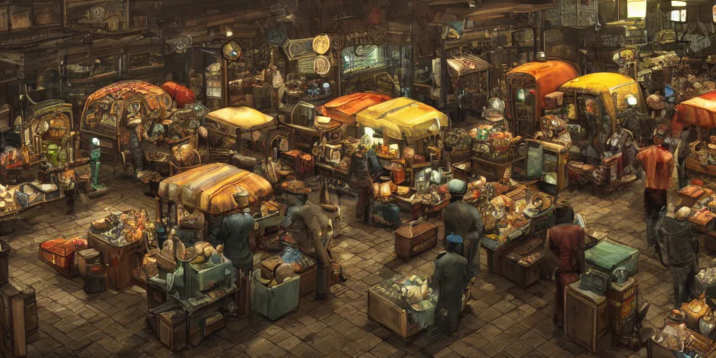 Prompt: a busy marketplace full of merchants, fallout style,, digital art, 4 k,