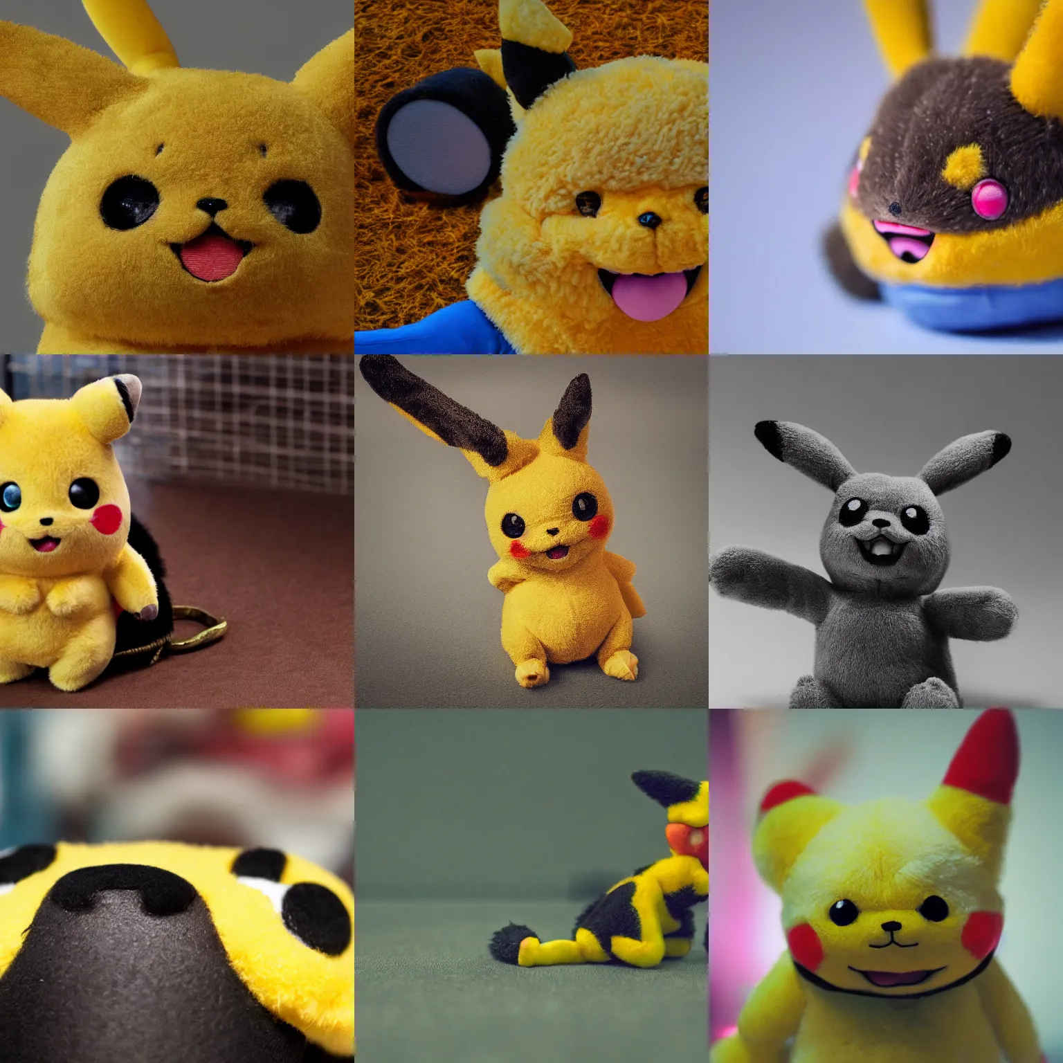 Prompt: A close up macro shot of a furry toy Pikachu Pikachu Pikachu, hyper realistic