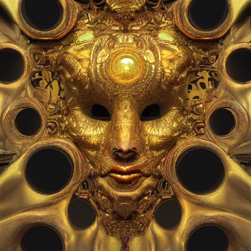 Image similar to Divine Chaos Engine, as a Venetian Carnivale Mask, by Karol Bak, Jean Deville, Gustav Klimt, and Vincent Van Gogh, celestial, visionary, sacred, fractal structures, ornate realistic gilded medieval icon, spirals, octane render