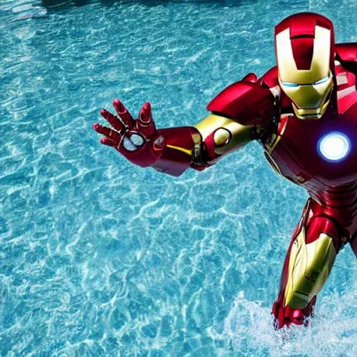 Prompt: iron man suit floating in pool, 4k realistic photo