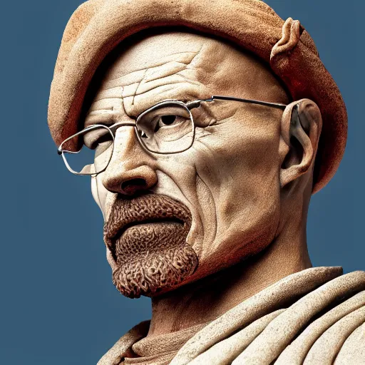 Image similar to extreme long - shot photograph of a renaissance clay sculpture of walter white wearing a phrygian cap in times square, made by michelangelo, very detailed, sharp focus, 8 k resolution, ray tracing