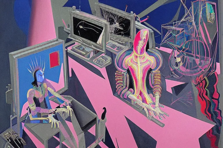 Image similar to a highly detailed beautiful masterpiece painting of a technomancer wizard in dazzle camouflage robes with pointed hood discussing sentience with his synthesized AI djinn hologram in his laboratory near a computer by Remedios Varo and Anato Finnstark and Greg Rutkowski and Andy Warhol and Francis Picabia, dayglo pink, dayglo blue, prismatic, pearlescent white, raven black, hyperrealism, 8k, trending on ArtStation, rendered in Octane, rendered in Unreal engine, award winning, volumetric lighting