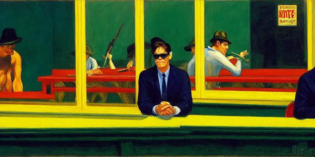 Image similar to jim carrey in the painting nighthawks by edward hopper with