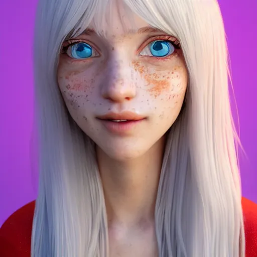 Image similar to Render of Lily, a cute 3d young woman, long white hair, full round face, light blue eyes, bisque skin tone, cute freckles, light red blush, smiling softly,wearing casual clothing, interior lighting, cozy living room background, medium shot, mid-shot, hyperdetailed, trending on Artstation, Unreal Engine 4k