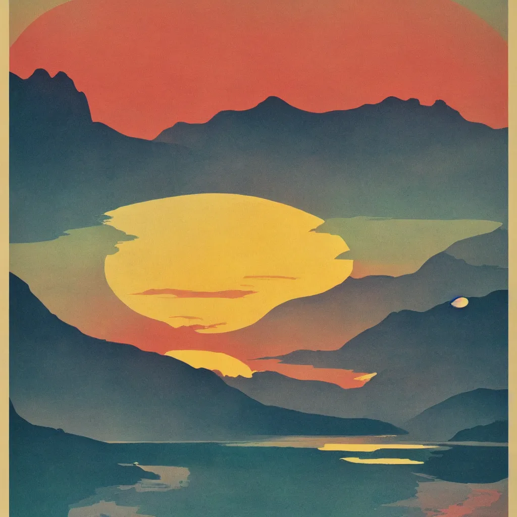 Prompt: beautiful vintage poster, whistler sunset, boho, midcentury, modern, muted colors, uniform lighting, top lit, detailed, beautiful solid colors, edge to edge, full frame