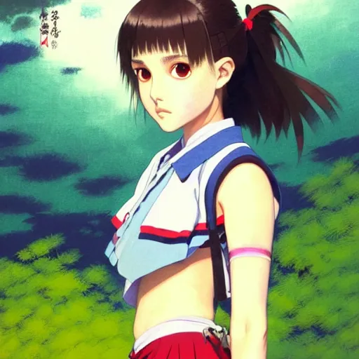 Image similar to a beautiful! boyish! natalie portman alluring gravure! model, wearing japanese school girl outfit with mayan pattern and native style, aztec street fashion, gapmoe yandere grimdark, trending on pixiv fanbox, painted by greg rutkowski makoto shinkai takashi takeuchi studio ghibli, akihiko yoshida