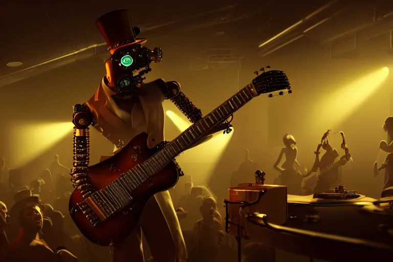 Prompt: 3 steampunk robot jazz guitarist playing at a night club, focus on the musicians, cinematic lighting, exaggerated detailed, unreal engine, octane render, trending on artstation, art by greg rutkowski, 4 k