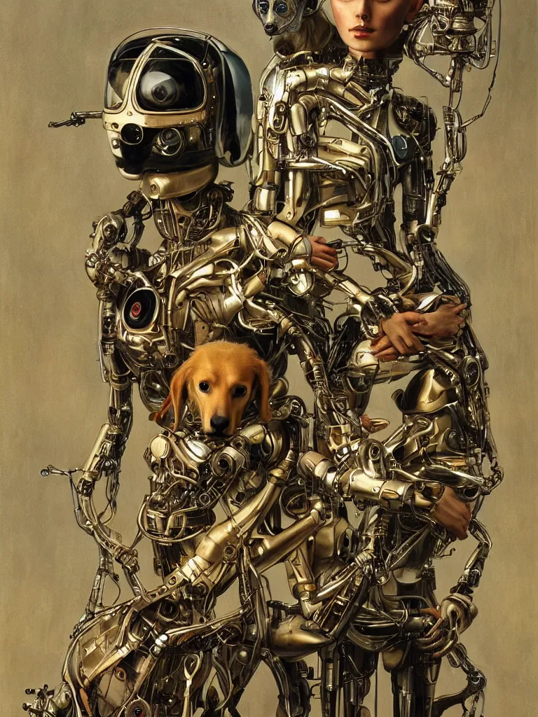 Prompt: portrait of a beautiful female android robot holding a whippet dog in her arms. Biopunk, steampunk, mecha, sighthounds, painting by James C. Christensen