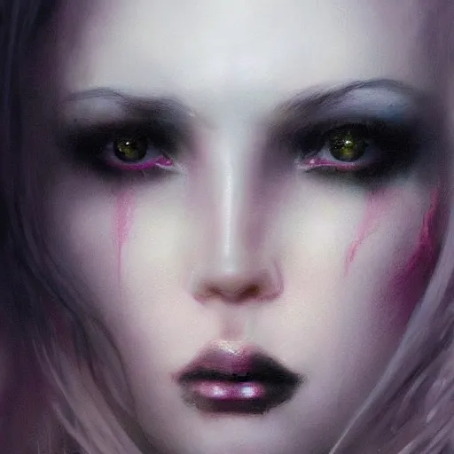 Prompt: a beautiful portrait of kerli koiv with pastel goth makeup, a detailed painting by greg rutkowski and raymond swanland and luis royo, featured on cgsociety, grimdark art, detailed painting, artstation hd, photorealistic