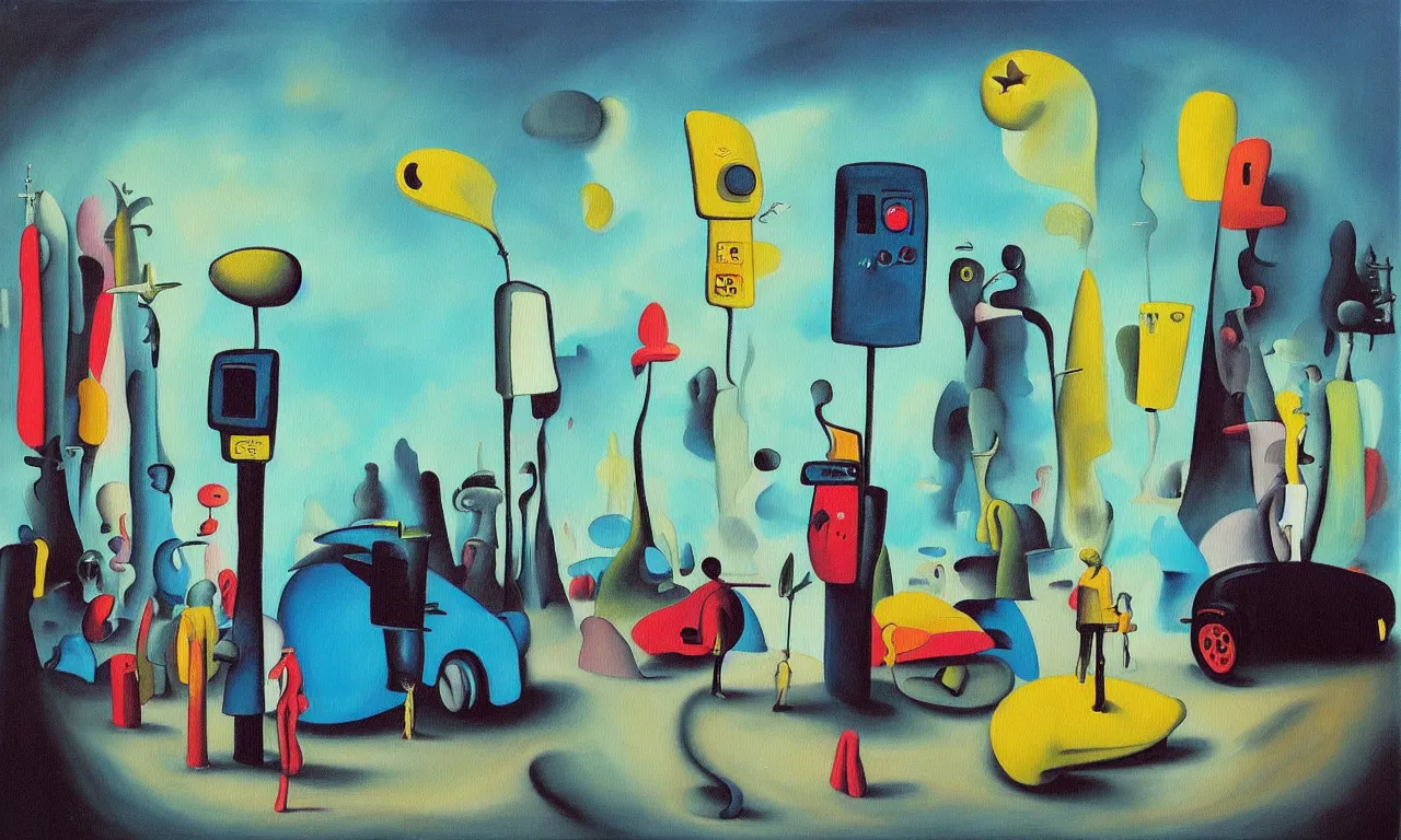 Image similar to “a painting in the style of Yves Tanguy , a parking meter stands in the middle of a desert. Next to the parking meter we see a priest, a woman in a green dress , and a rhinoceros ”