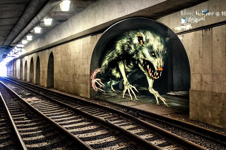 Image similar to very large giant mutant zombie irradiated ( angry rat ) staying on railways in tonnel of moscow subway. tonnel, railways, giant angry rat, very realistic. extreme long shot, low dark light, anish kapoor, herman nitsch, giger.