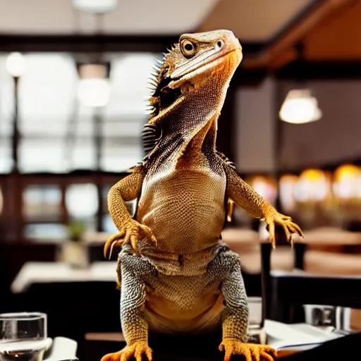 Prompt: a bearded dragon standing up, wearing a suit and tie in a restaurant, with his hands together