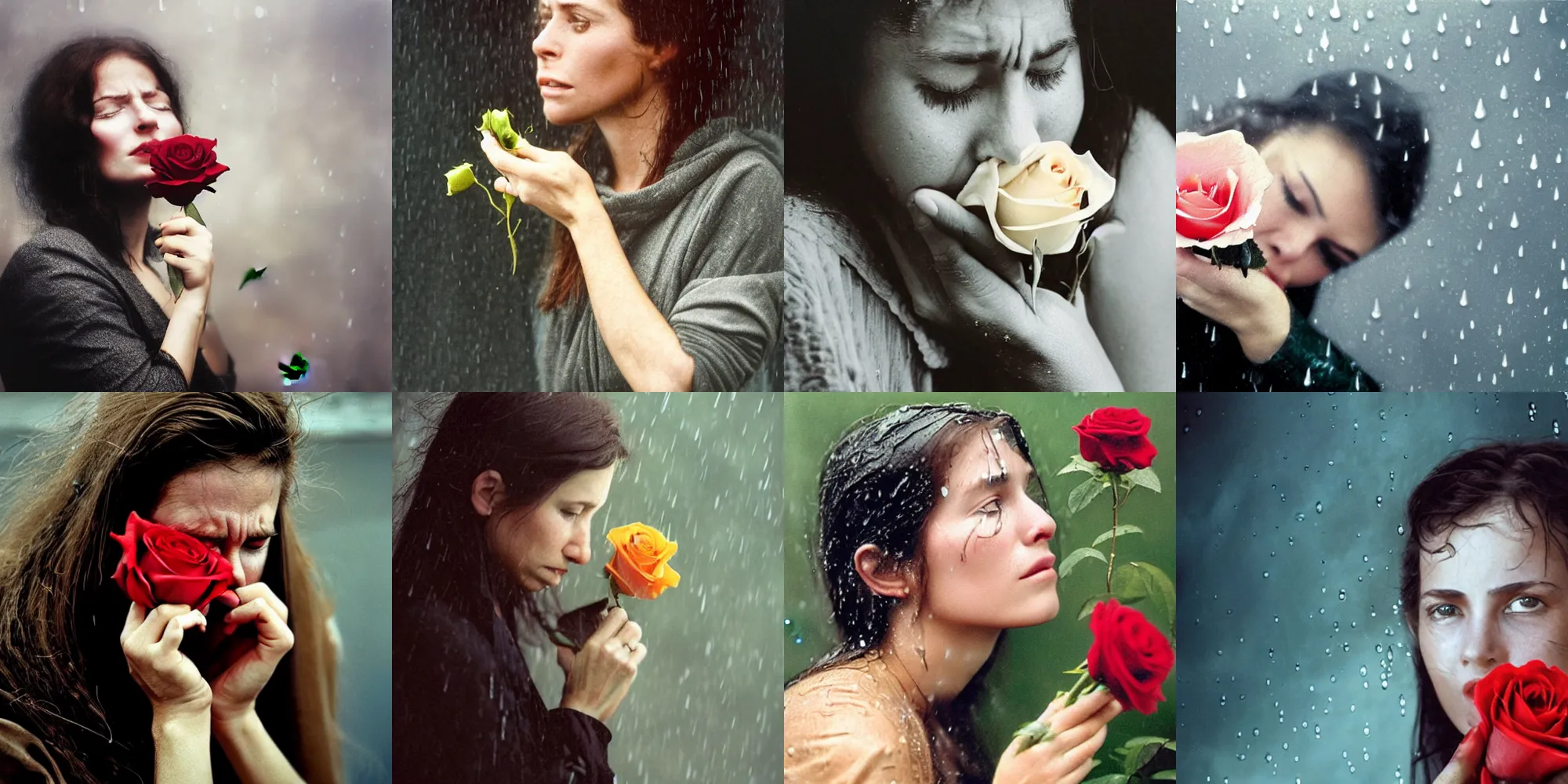 Prompt: a close - up of a young teary - eyed woman clutching a small rose in the rain!!!!!!!!!!, photorealistic!!!!!, photo by annie leibovitz, moody