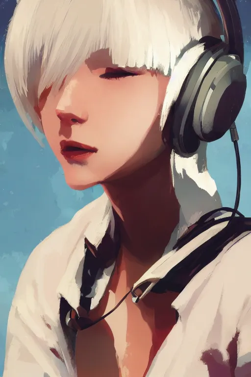 Image similar to a cute young woman listening to music with her eyes closed and wearing headphones, white bob cut hair, freckles, dark thunderclouds in the backround, vivid colors, soft lighting, cinematic, moody, nier automata, poster, oil on canvas, in the style of Ilya Kuvshinov, 8k